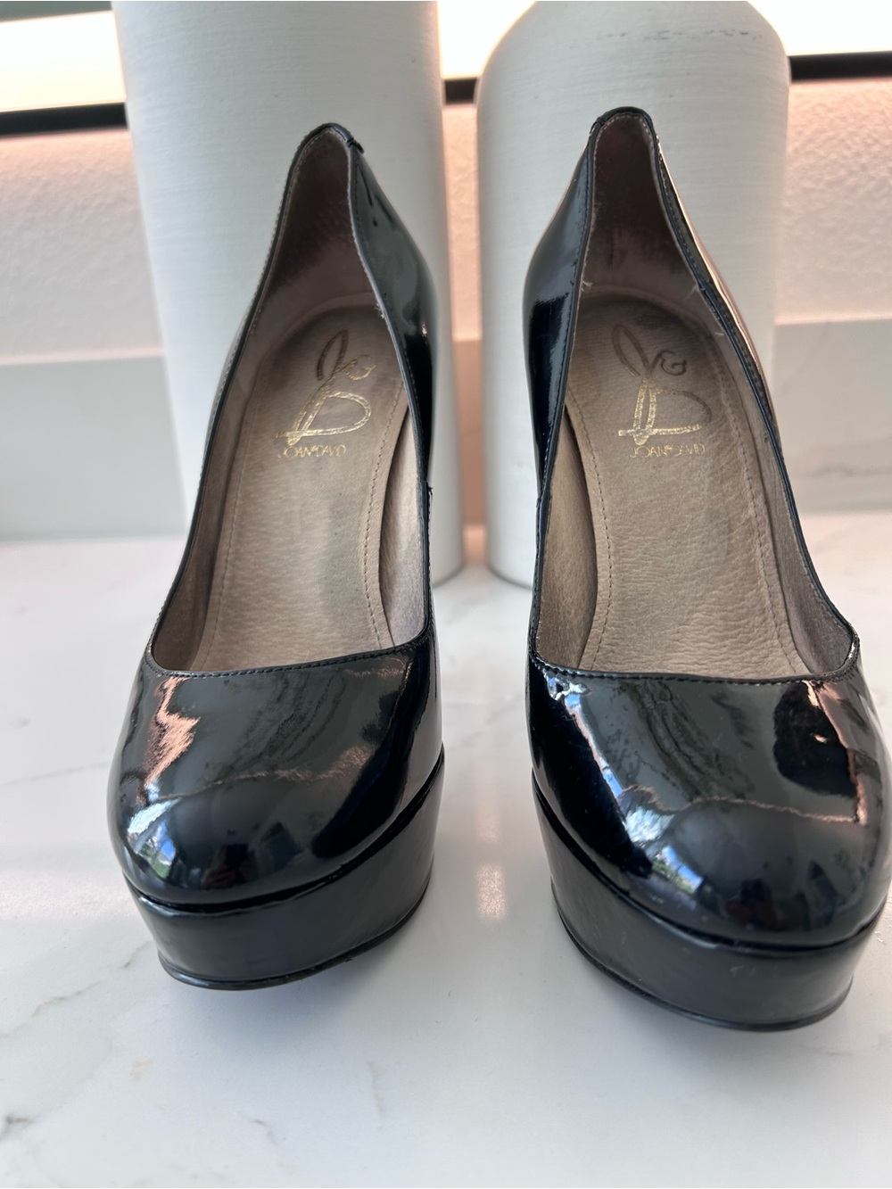 Joan & David Black Patent Platform Pumps